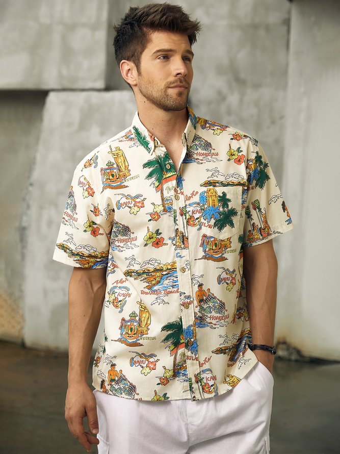 Side view of Men Summer Plants Vacation Natural No Elasticity Wicking Cotton Regular Shirt Collar Aloha Shirts