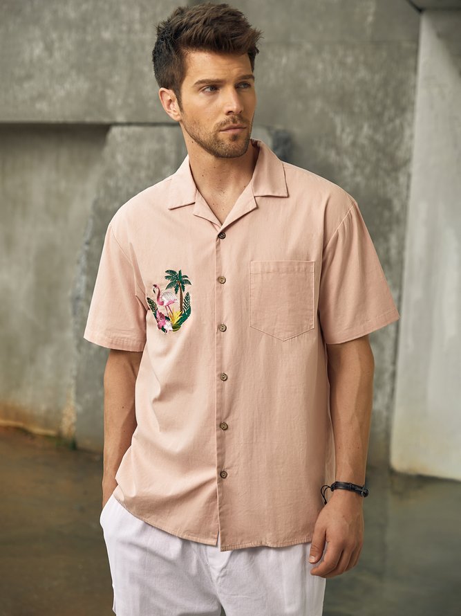 Side view of Men Summer Flamingo Vacation Lightweight No Elasticity Moisture Permeability Loose Regular Camp Collar Aloha Shirts
