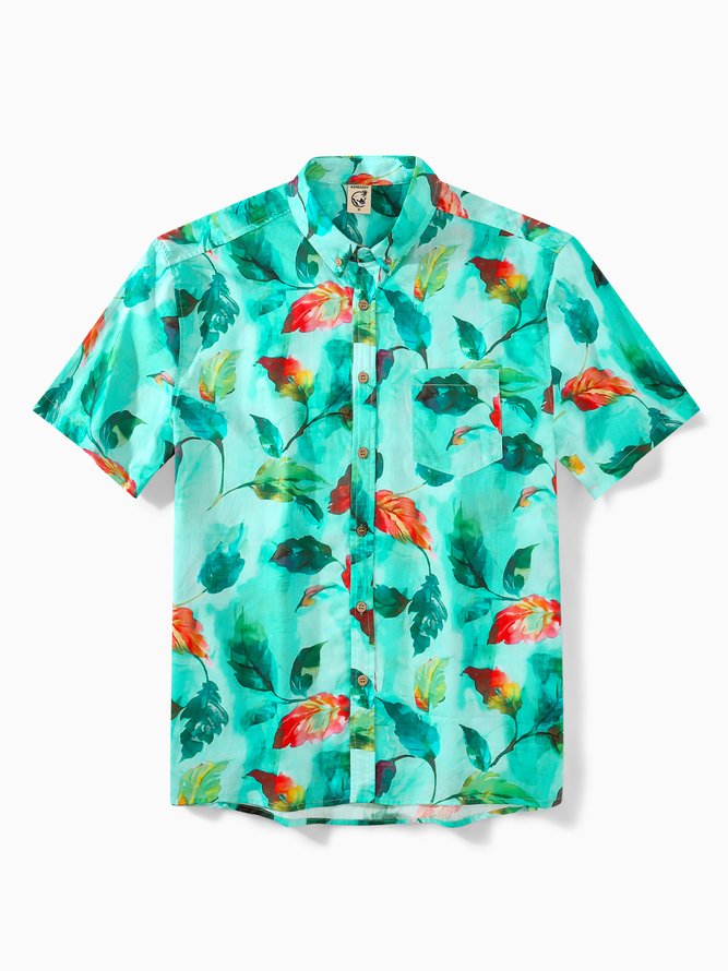 Side view of Men Summer Leaf Vacation Commuting Short Sleeve Cotton Regular H-Line Shirt Collar Aloha Shirts