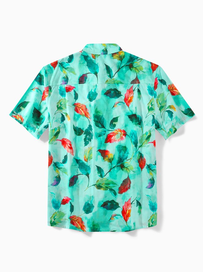 Side view of Men Summer Leaf Vacation Commuting Short Sleeve Cotton Regular H-Line Shirt Collar Aloha Shirts