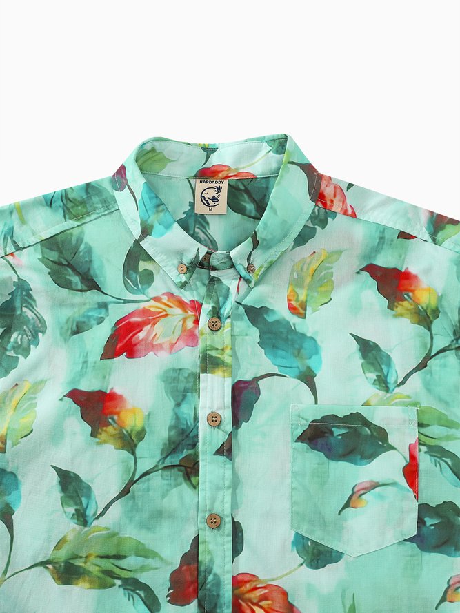 Side view of Men Summer Leaf Vacation Commuting Short Sleeve Cotton Regular H-Line Shirt Collar Aloha Shirts