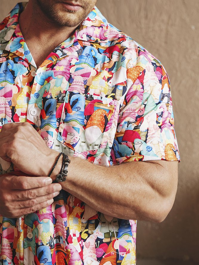 Side view of Men Summer Cartoon Vacation Moisture Permeability Vacation Loose Cotton H-Line Regular Aloha Shirts