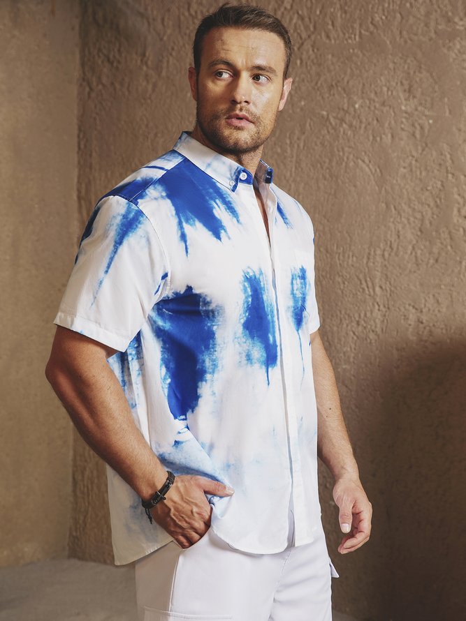 Side view of Men Casual Summer Tie-Dye Pattern Lightweight Breathable Holiday Loose Short sleeve H-Line Aloha Shirts