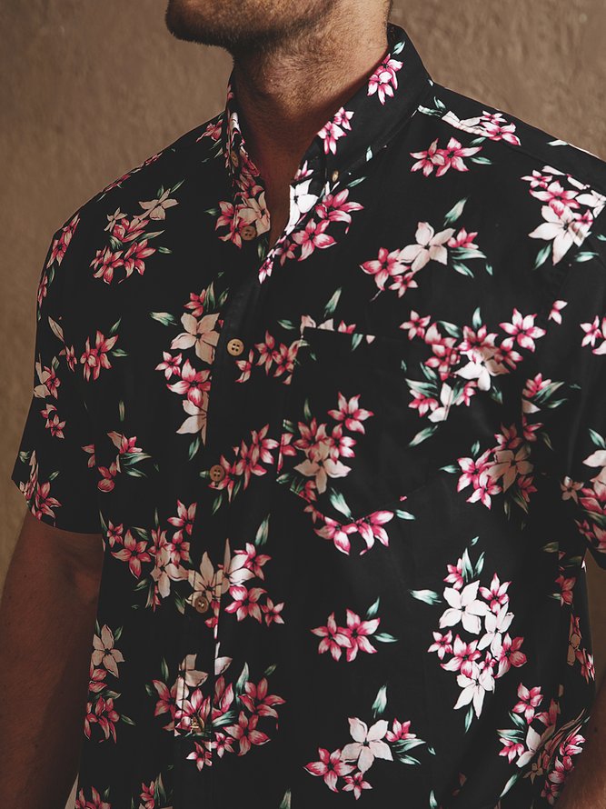 Side view of Men Summer Tropical Vacation Natural Household Short Sleeve Shawl Collar Cotton H-Line Aloha Shirts