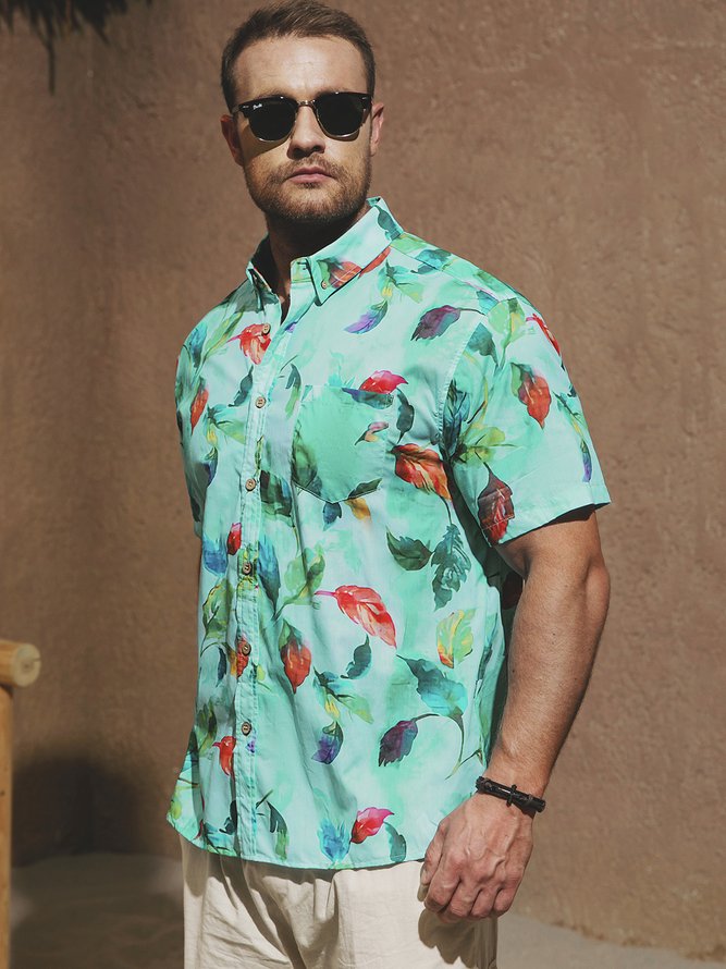 Side view of Men Summer Leaf Vacation Commuting Short Sleeve Cotton Regular H-Line Shirt Collar Aloha Shirts