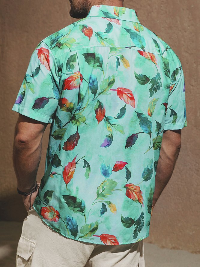 Side view of Men Summer Leaf Vacation Commuting Short Sleeve Cotton Regular H-Line Shirt Collar Aloha Shirts