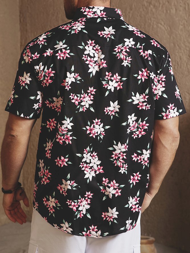 Side view of Men Summer Tropical Vacation Natural Household Short Sleeve Shawl Collar Cotton H-Line Aloha Shirts