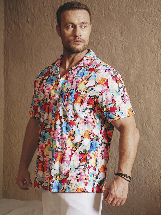 Side view of Men Summer Cartoon Vacation Moisture Permeability Vacation Loose Cotton H-Line Regular Aloha Shirts