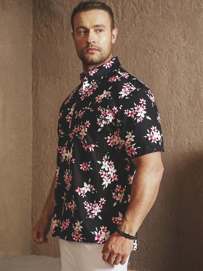 Side view of Men Summer Tropical Vacation Natural Household Short Sleeve Shawl Collar Cotton H-Line Aloha Shirts