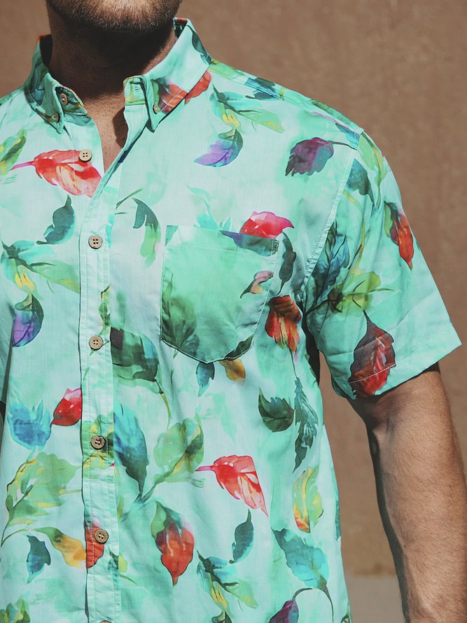 Side view of Men Summer Leaf Vacation Commuting Short Sleeve Cotton Regular H-Line Shirt Collar Aloha Shirts