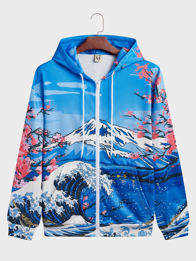 Side view of Men Casual Autumn Cherry blossoms Polyester Household Loose Regular Regular Medium Elasticity Hoodies