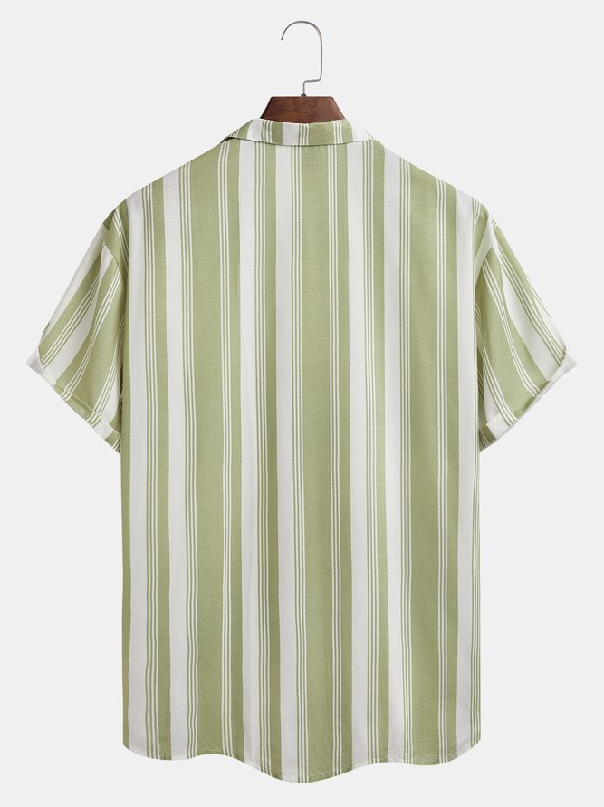 Side view of Men Striped Summer Vacation Natural Household Buttons H-Line Regular Camp Collar Aloha Shirts