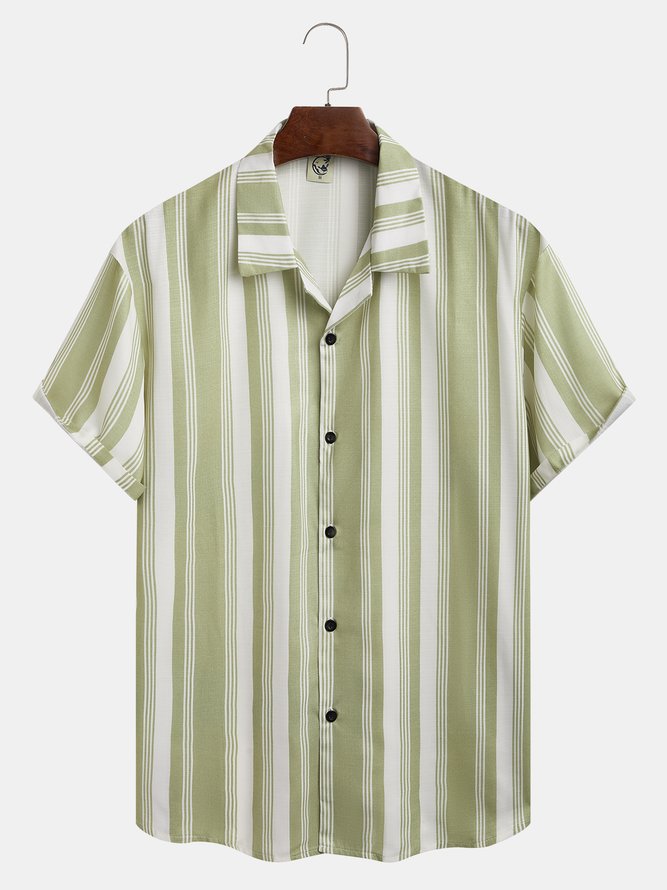 Side view of Men Striped Summer Vacation Natural Household Buttons H-Line Regular Camp Collar Aloha Shirts
