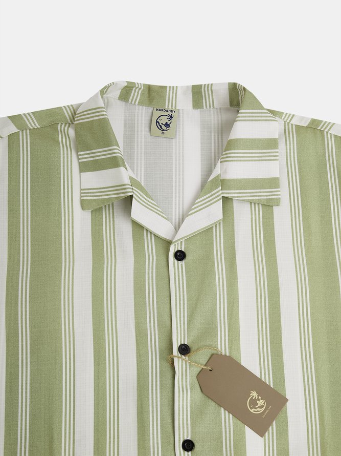 Side view of Men Striped Summer Vacation Natural Household Buttons H-Line Regular Camp Collar Aloha Shirts