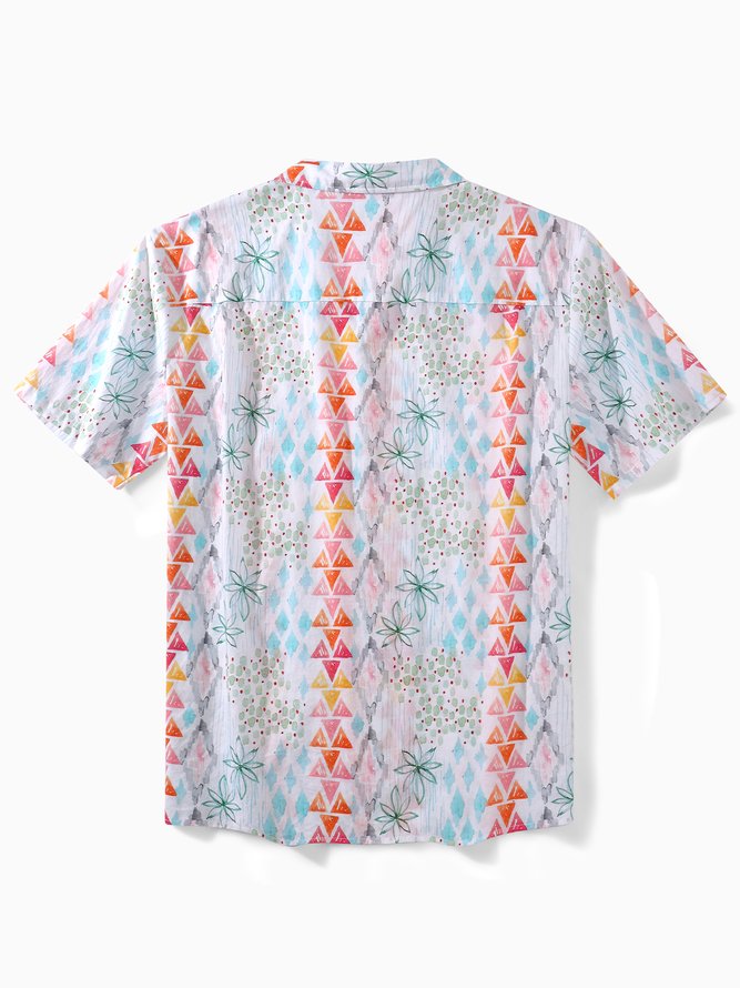 Side view of Geometric Casual Summer Natural No Elasticity Breathable Loose Regular Camp Collar Bowling Shirts for Men
