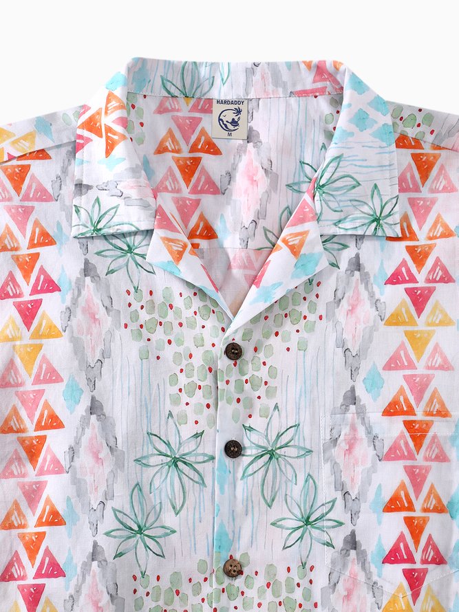 Side view of Geometric Casual Summer Natural No Elasticity Breathable Loose Regular Camp Collar Bowling Shirts for Men