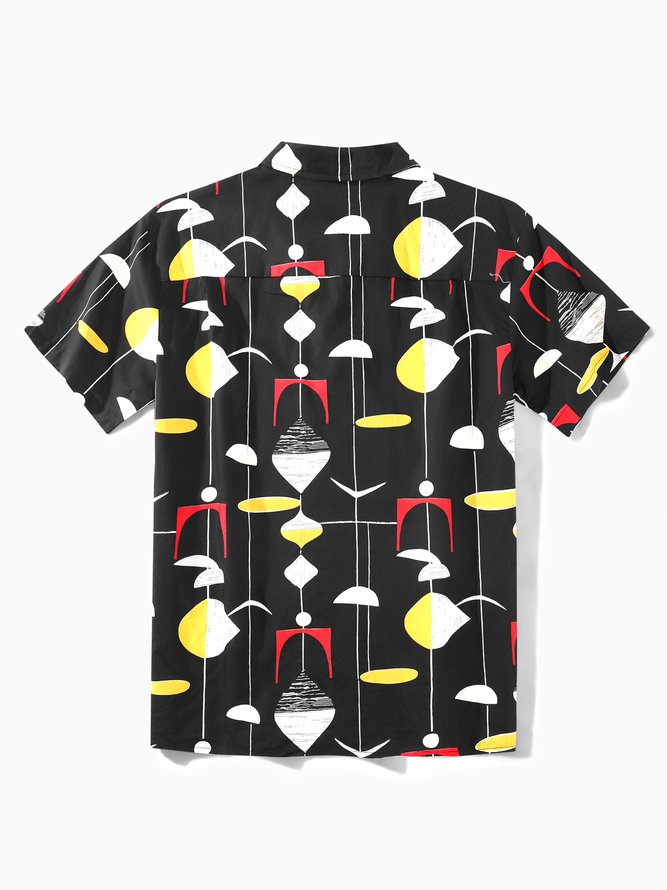 Side view of Men Geometric Summer Vacation No Elasticity Breathable Loose Short Sleeve Cotton Camp Collar Aloha Shirts