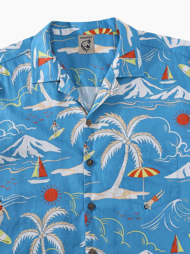 Side view of Men Summer Coconut Tree Vacation Natural No Elasticity Commuting Loose Short Sleeve Regular Aloha Shirts