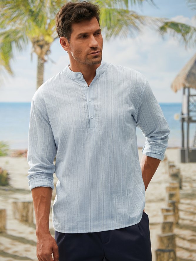 Side view of Geometric Spring/Fall Vacation Stand Collar No Elasticity Loose Polyester Cotton Long Sleeve H-Line Aloha Shirts for Men