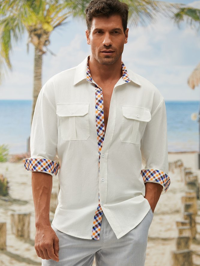 Side view of Men Plaid Spring/Fall Vacation No Elasticity Breathable Loose Cotton Regular Shirt Collar Aloha Shirts