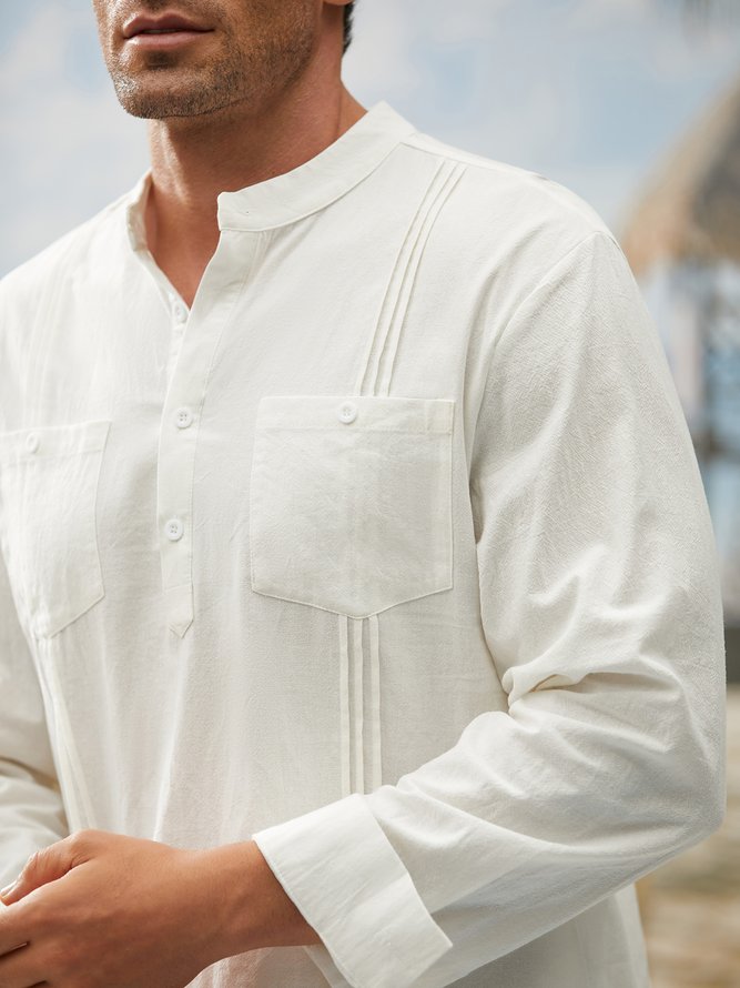 Side view of Men Plain Summer Vacation Natural Moisture Permeability Short Sleeve Cotton Regular Half Open Collar Guayabera Shirts