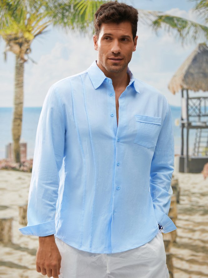 Side view of Men Plain Autumn Vacation Natural Commuting Loose Short Sleeve H-Line Regular Guayabera Shirts