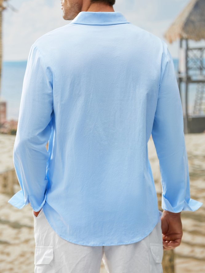 Side view of Men Plain Autumn Vacation Natural Commuting Loose Short Sleeve H-Line Regular Guayabera Shirts
