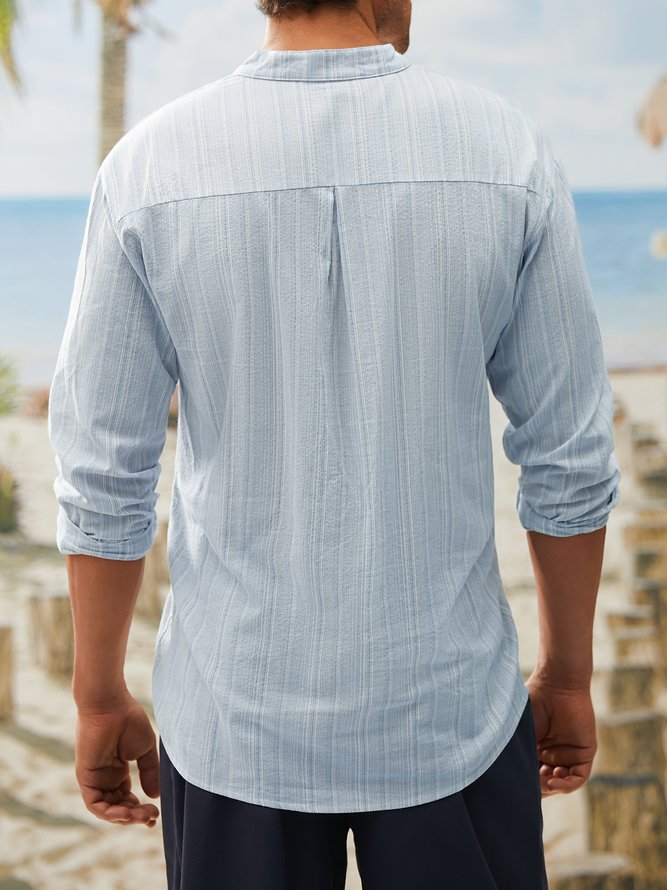 Side view of Geometric Spring/Fall Vacation Stand Collar No Elasticity Loose Polyester Cotton Long Sleeve H-Line Aloha Shirts for Men