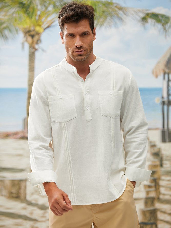 Side view of Men Plain Summer Vacation Natural Moisture Permeability Short Sleeve Cotton Regular Half Open Collar Guayabera Shirts