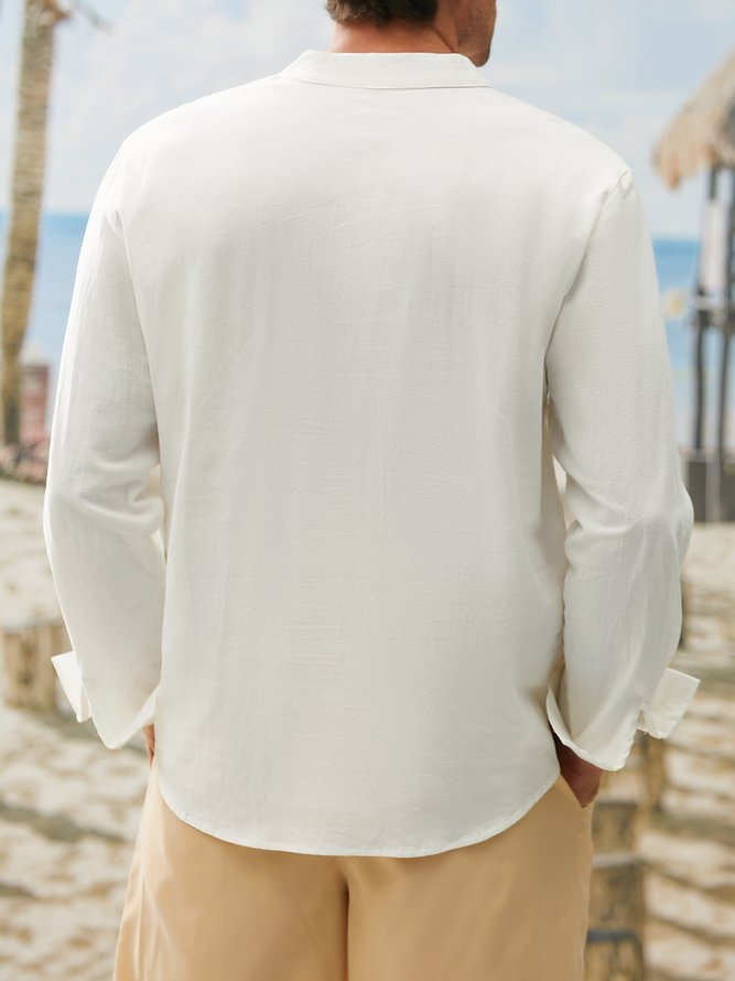 Side view of Men Plain Summer Vacation Natural Moisture Permeability Short Sleeve Cotton Regular Half Open Collar Guayabera Shirts