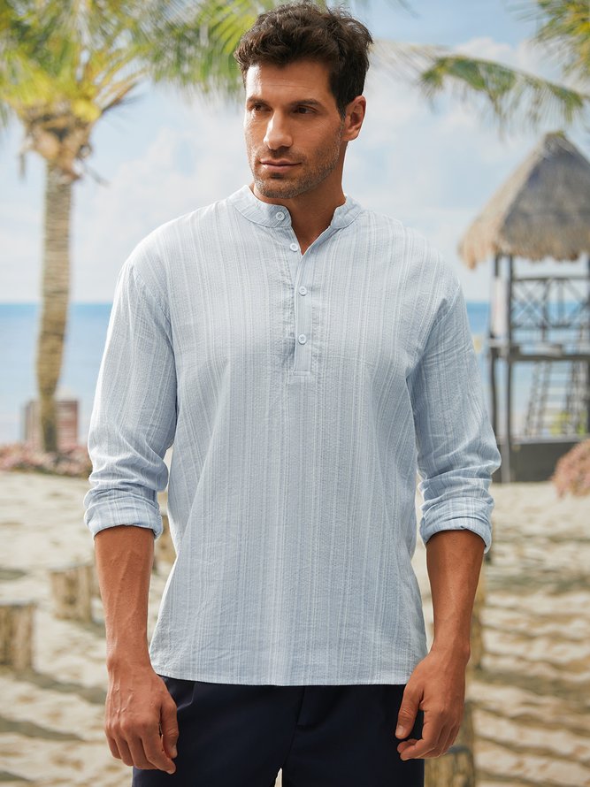 Side view of Geometric Spring/Fall Vacation Stand Collar No Elasticity Loose Polyester Cotton Long Sleeve H-Line Aloha Shirts for Men