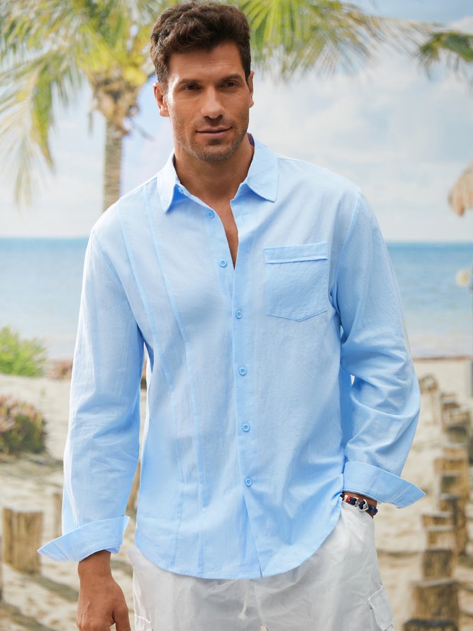 Side view of Men Plain Autumn Vacation Natural Commuting Loose Short Sleeve H-Line Regular Guayabera Shirts