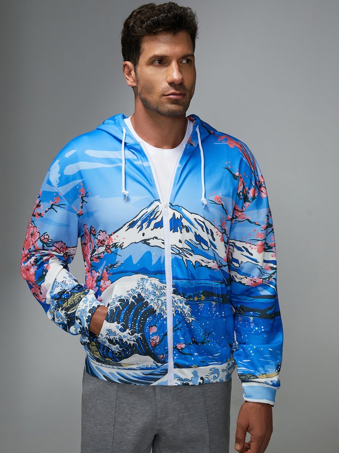 Side view of Men Casual Autumn Cherry blossoms Polyester Household Loose Regular Regular Medium Elasticity Hoodies