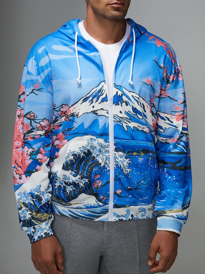 Side view of Men Casual Autumn Cherry blossoms Polyester Household Loose Regular Regular Medium Elasticity Hoodies