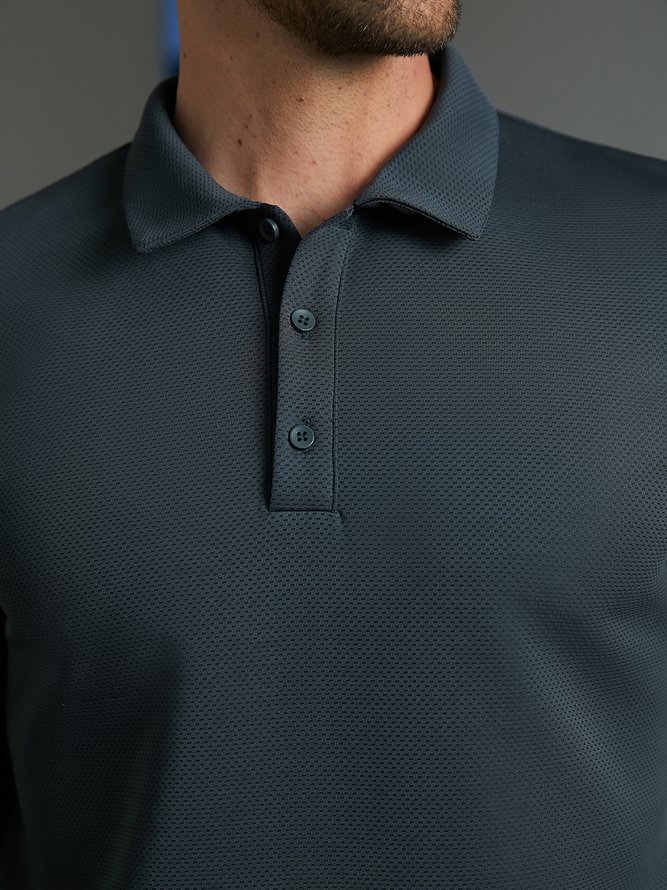 Side view of Men Casual Plain Spring/Fall Jacquard Commuting Regular Fit Buttons Long Sleeve H-Line Casual Polo