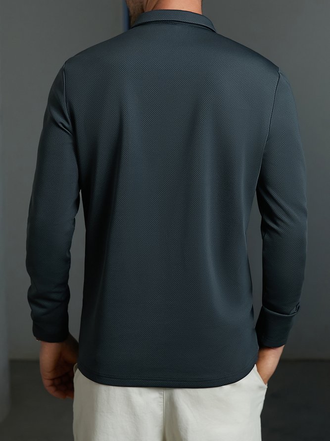 Side view of Men Casual Plain Spring/Fall Jacquard Commuting Regular Fit Buttons Long Sleeve H-Line Casual Polo