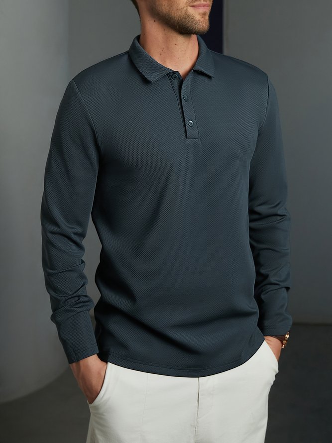 Side view of Men Casual Plain Spring/Fall Jacquard Commuting Regular Fit Buttons Long Sleeve H-Line Casual Polo