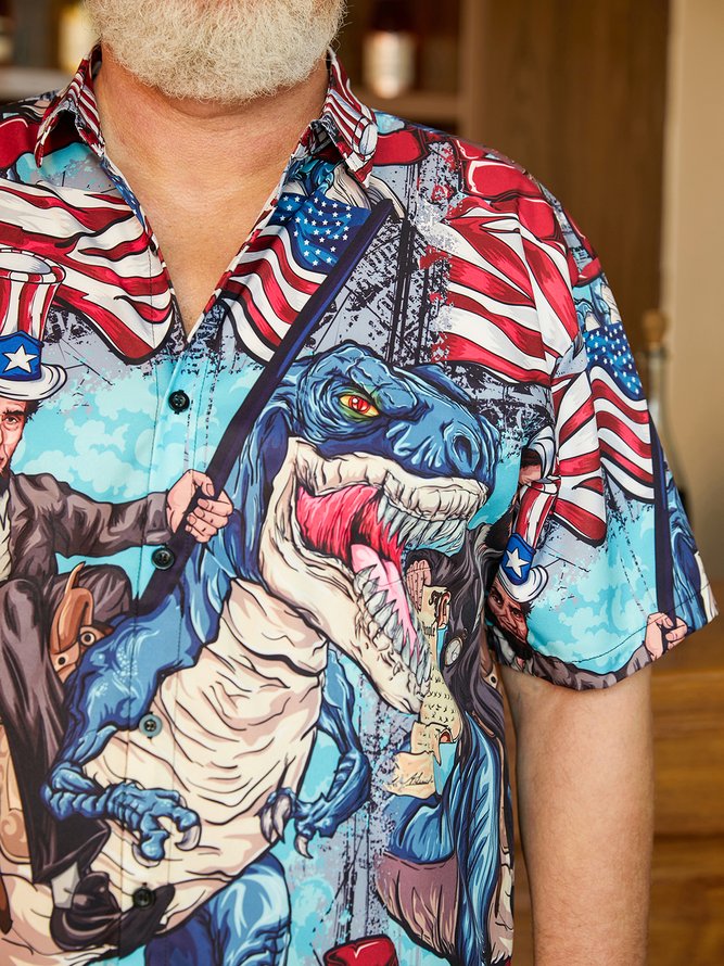 Side view of Men Casual Summer Independence Day (Flag) Lightweight Micro-Elasticity Daily Oversize Short Sleeve Regular Aloha Shirts