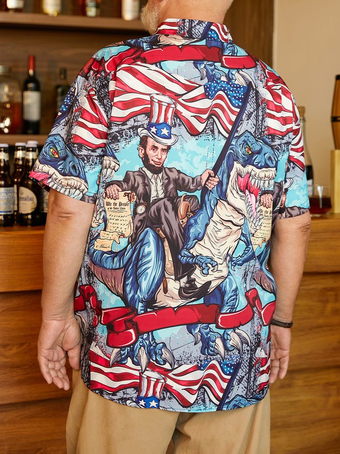 Side view of Men Casual Summer Independence Day (Flag) Lightweight Micro-Elasticity Daily Oversize Short Sleeve Regular Aloha Shirts