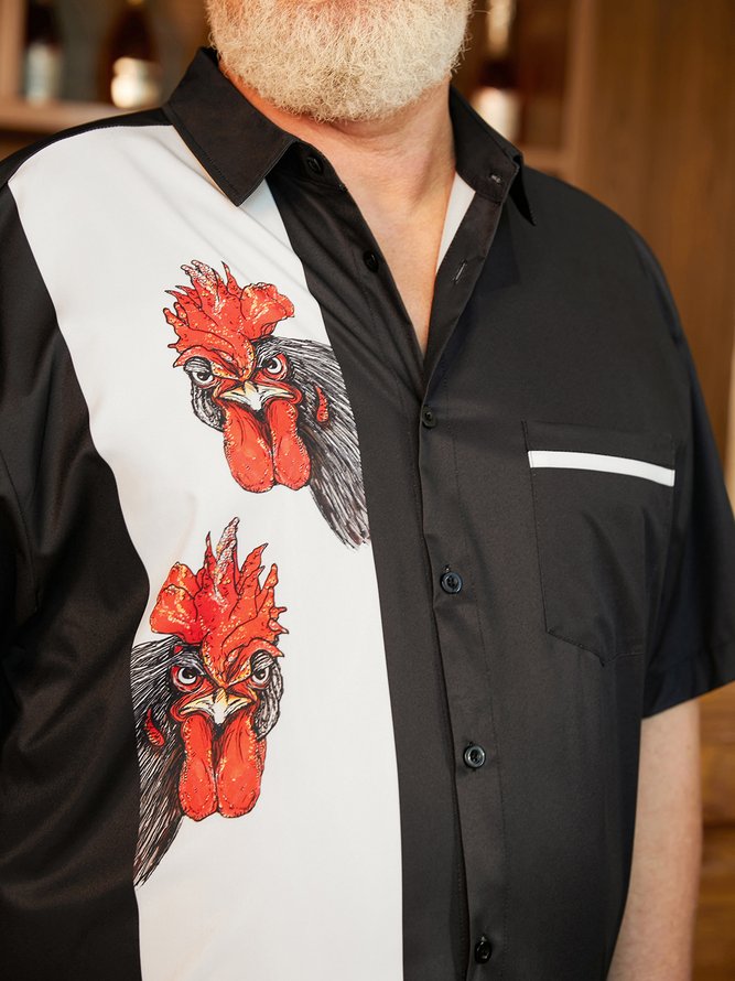 Side view of Men Casual Animal Summer Polyester Lightweight Micro-Elasticity Vacation Short Sleeve H-Line Bowling Shirts