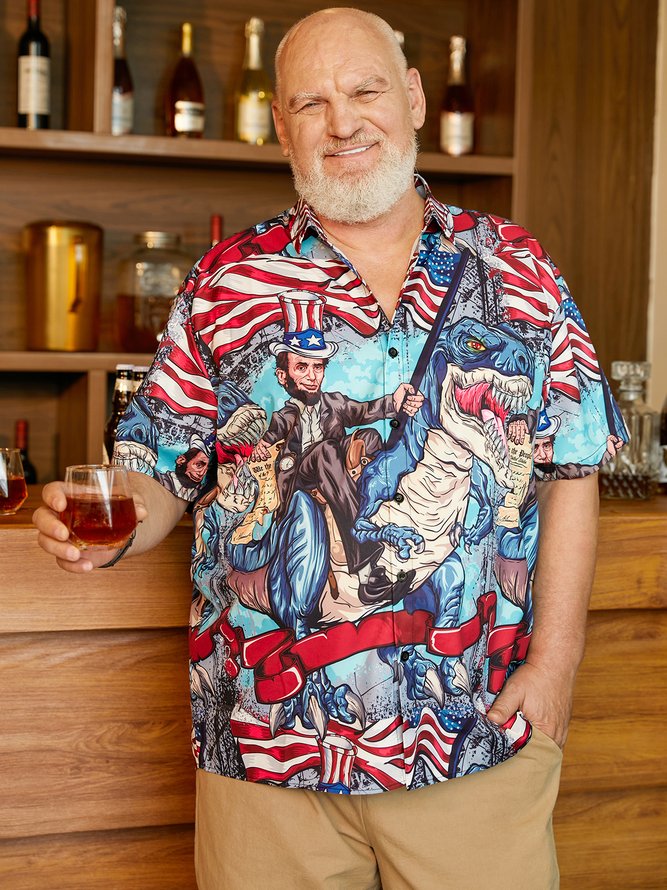 Side view of Men Casual Summer Independence Day (Flag) Lightweight Micro-Elasticity Daily Oversize Short Sleeve Regular Aloha Shirts