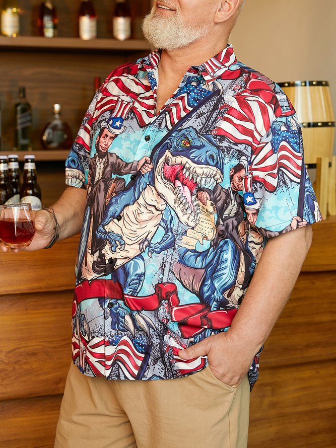 Side view of Men Casual Summer Independence Day (Flag) Lightweight Micro-Elasticity Daily Oversize Short Sleeve Regular Aloha Shirts