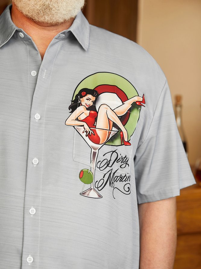 Side view of Geometric Casual Summer Lightweight Micro-Elasticity Commuting Oversize Short Sleeve Regular Bowling Shirts for Men