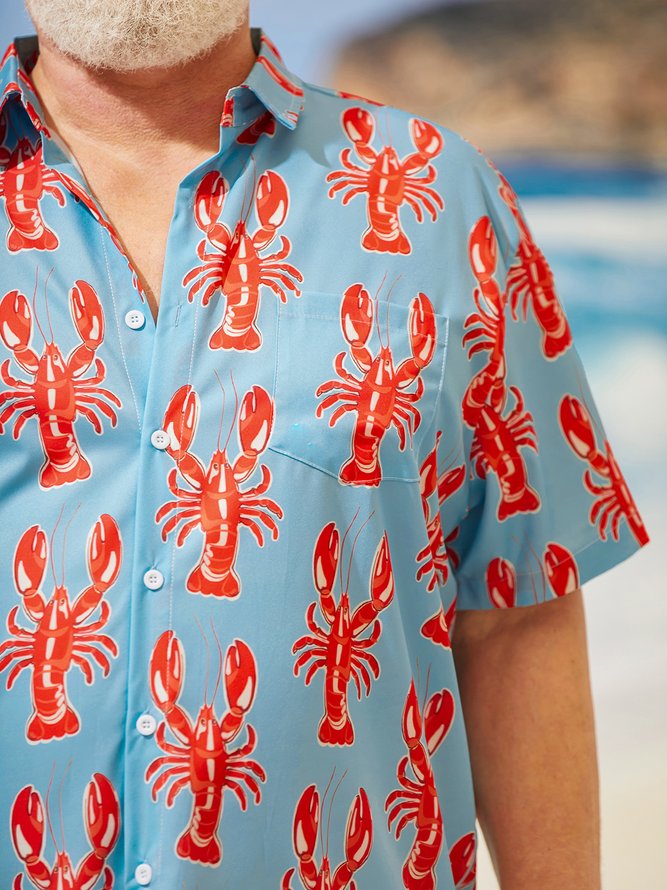 Side view of Summer Vacation Marine Life Lightweight Micro-Elasticity Oversize Regular Shirt Collar Plus Size Aloha Shirts for Men