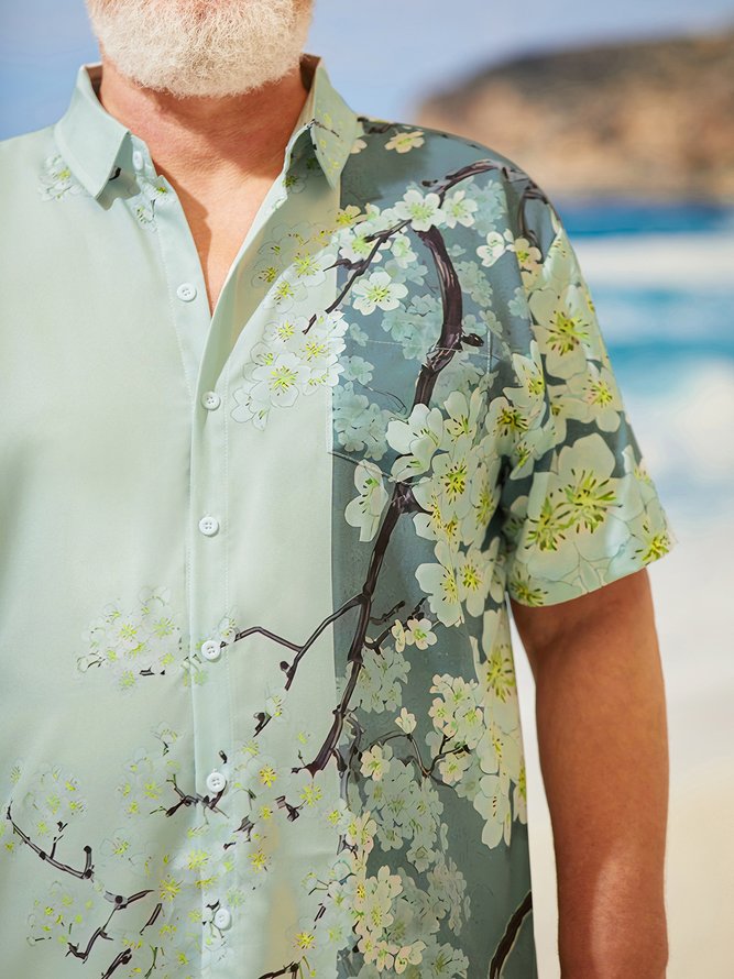 Side view of Men Floral Summer Vacation Polyester Lightweight Daily Short Sleeve Shirt Collar Plus Size Bowling Shirts