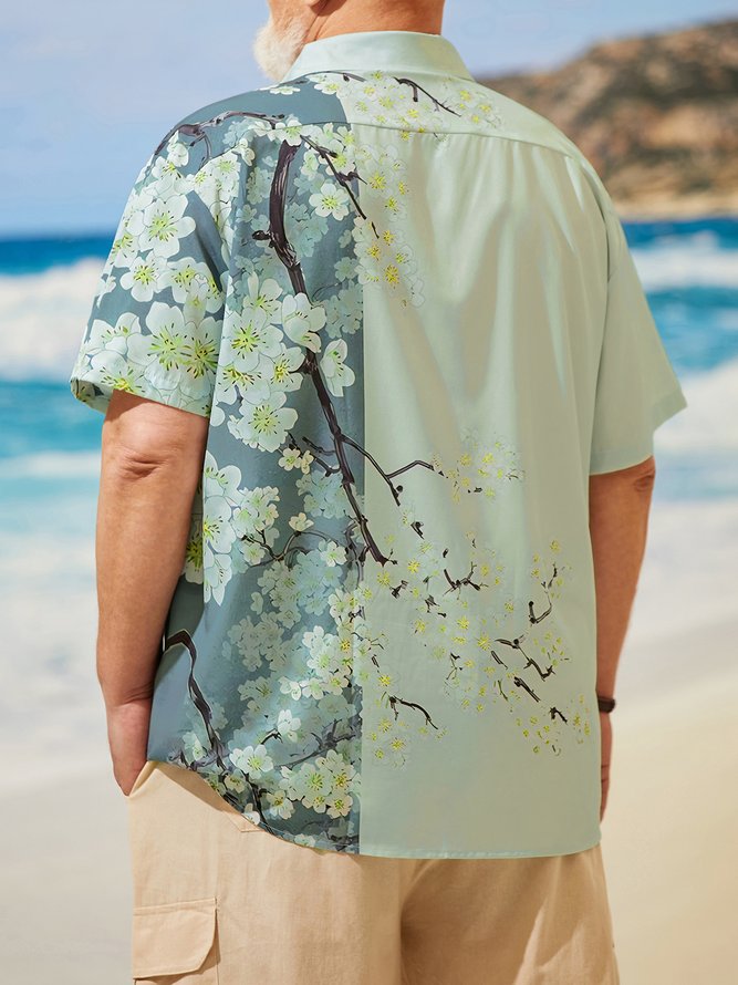 Side view of Men Floral Summer Vacation Polyester Lightweight Daily Short Sleeve Shirt Collar Plus Size Bowling Shirts