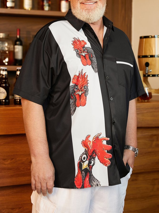 Side view of Men Casual Animal Summer Polyester Lightweight Micro-Elasticity Vacation Short Sleeve H-Line Bowling Shirts