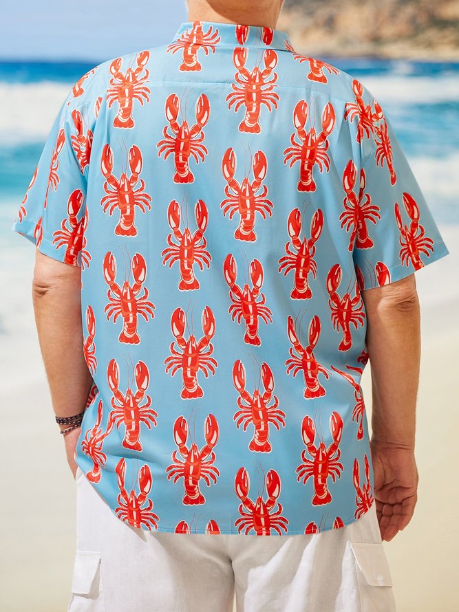 Side view of Summer Vacation Marine Life Lightweight Micro-Elasticity Oversize Regular Shirt Collar Plus Size Aloha Shirts for Men