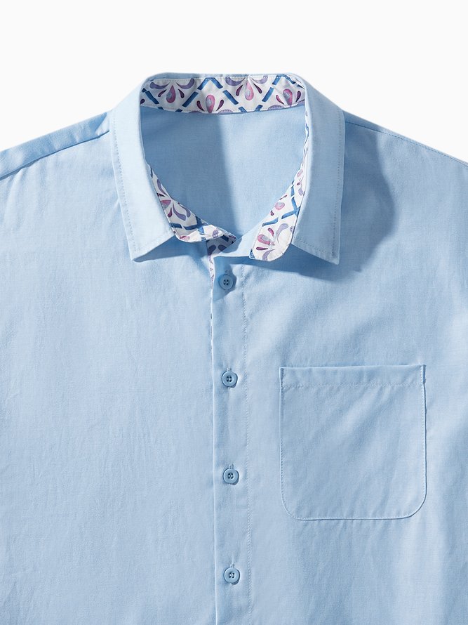 Side view of Men Plain Summer Vacation No Elasticity Moisture Permeability Short Sleeve Cotton H-Line Shirt Collar Aloha Shirts
