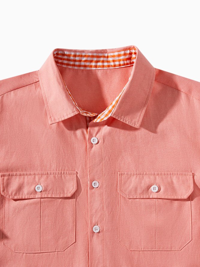 Side view of Plain Summer Vacation No Elasticity Moisture Permeability Short Sleeve Cotton Regular H-Line Aloha Shirts for Men